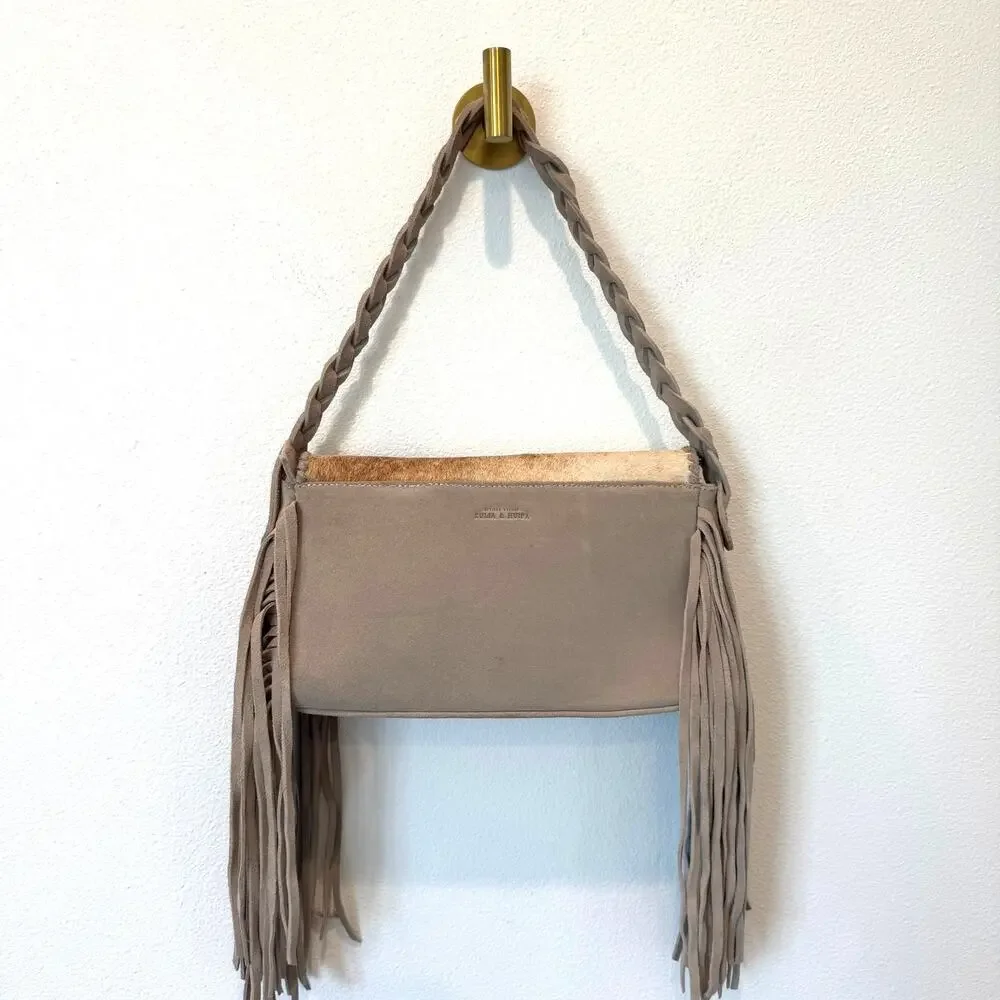 Zulia & Huipa Zina Fringe Shoulder Bag Suede & Cowhide Bone White Western
